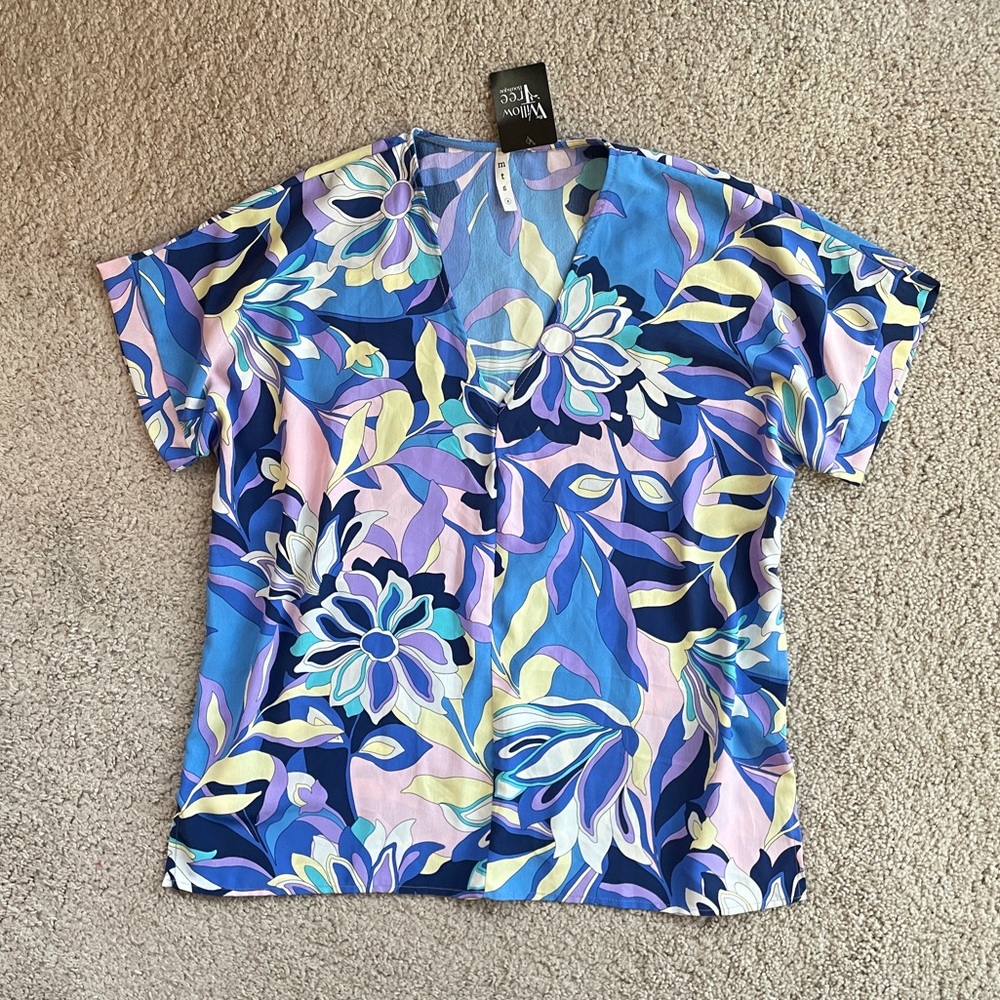 MTS Boutique Colorful Purple Floral Boxy Short Sleeve Top Size Oversized Small